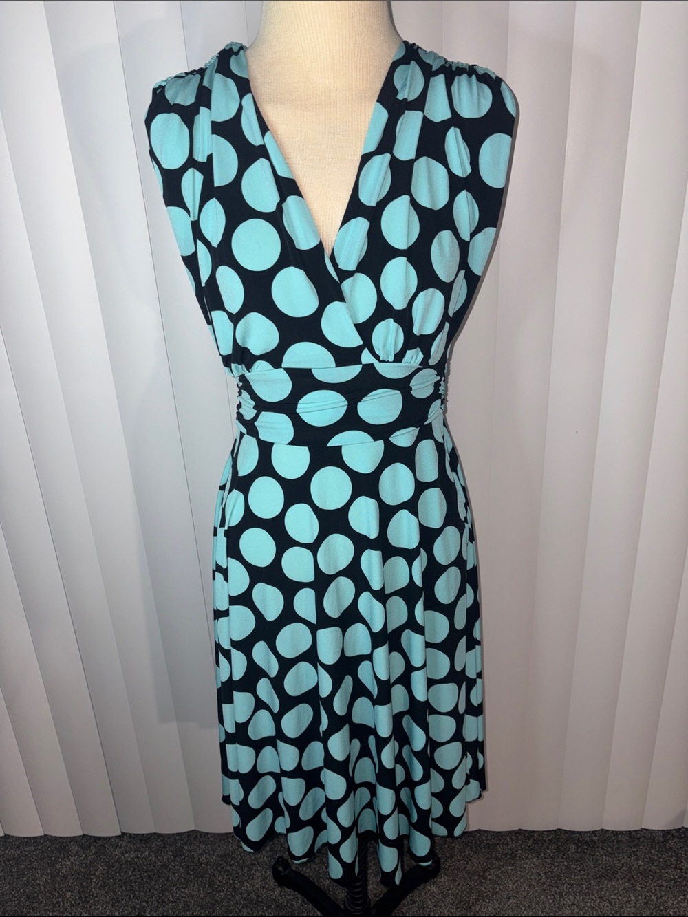 Roulette Turquoise Aqua Polka Dot Faux Wrap Midi Dress Medium